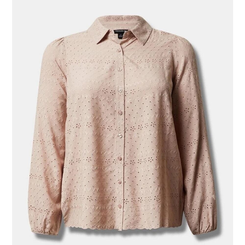 Torrid Eyelet Blouse Top‎ Plus Size 2X Pink Button Up Long Sleeve